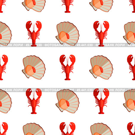 Crayfish and shell seamless pattern, repeated icons of crayfish and seashell, pattern with seafood objects, vector illustration isolated on white. Crayfish and Shell Pattern Vector Illustration. Стоковая иллюстрация, агентство Ingram Publishing / Фотобанк Лори