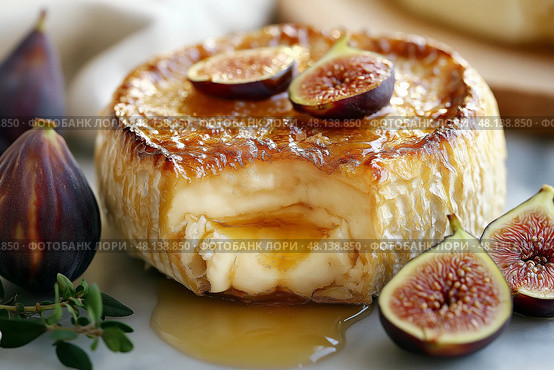 Creamy brie cheese topped with fresh figs and honey on a marble surface. Сливочный сыр бри со свежим инжиром и медом на мраморной поверхности. Стоковое AI-изображение, AI-художник Katsiaryna Repich / Фотобанк Лори