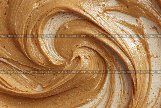 Creamy peanut butter spread swirl surface. Closeup, full frame. Crunchy Peanut butter background. American cuisine traditional product. Appetizing textured smears. Food paste from ground roasted nuts. Стоковое AI-изображение, AI-художник Марина Демидюк / Фотобанк Лори