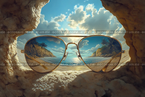 Creative beach reflection in sunglasses captures a serene coastal landscape. Креативное отражение пляжа в солнцезащитных очках запечатлело безмятежный прибрежный пейзаж. Стоковое AI-изображение, AI-художник Katsiaryna Repich / Фотобанк Лори