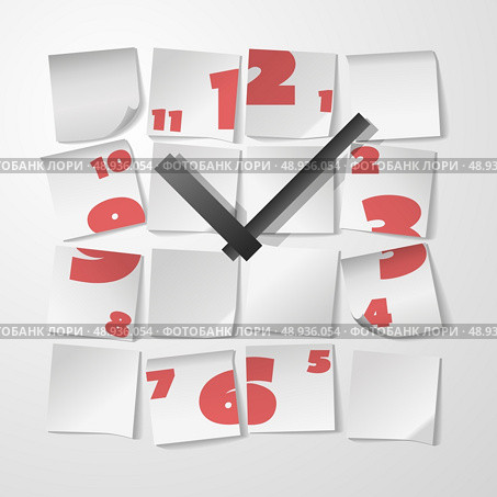 Creative clock with digits from stickers to take notes vector illustration. Стоковая иллюстрация, агентство Ingram Publishing / Фотобанк Лори