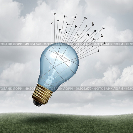Creative connect and social thinking symbol as a group of birds pulling upward a giant lightbulb as a creativity and inspiration metaphor with 3D illustration elements. Стоковое фото, агентство Ingram Publishing / Фотобанк Лори
