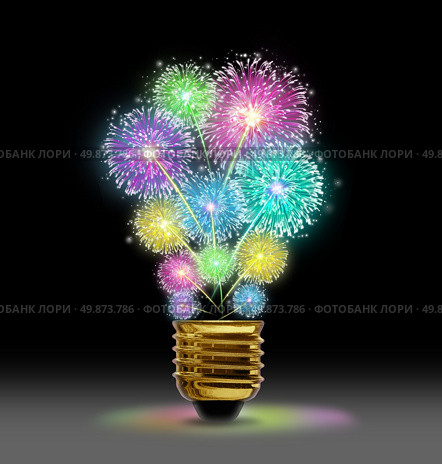 Creative Explosion as a fireworks display celebration represented by exploding sparks of color in the shape of a light bulb on black as a concept of innovation and creative power. Стоковое фото, агентство Ingram Publishing / Фотобанк Лори