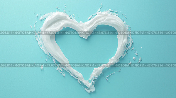 Creative heart shape formed by smooth white cream on a turquoise background. На ярком бирюзовом фоне художественно разместилась форма сердца, созданная из кремово-белого вещества. Дизайн символизирует тепло и заботу, связанные со здоровьем зубов. Стоковое AI-изображение, AI-художник Katsiaryna Repich / Фотобанк Лори