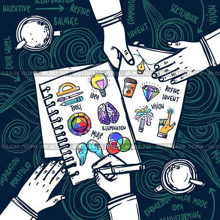 Creative people concept with human hand drawing in sketchbook vector illustration. Creative People Concept. Стоковая иллюстрация, агентство Ingram Publishing / Фотобанк Лори