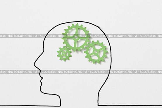 Creative sketch with drawn outline of human head with green clockwork inside as a working brain on a white background, copy space.. Drawn outline of human head with green clockwork as a working brain. Стоковое фото, агентство Ingram Publishing / Фотобанк Лори
