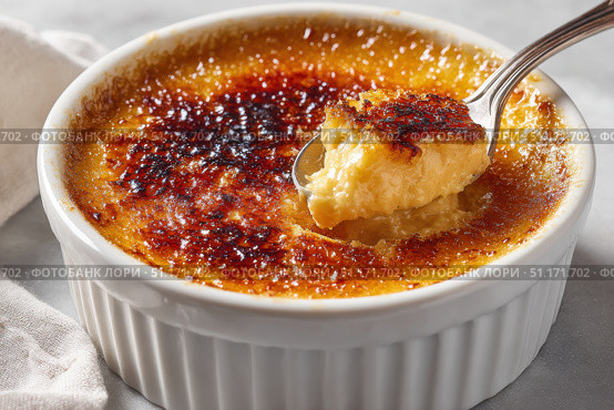 Creme brulee. dessert with caramel crust. Elegant Gourmet Dessert with Caramelized Sugar Crust. French vanilla cream. Eating Creme Brulee with Spoon. Cracking caramel. Delicious Sweet. Catalan cream. Стоковое AI-изображение, AI-художник Марина Демидюк / Фотобанк Лори