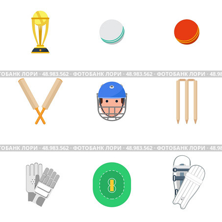 Cricket sport game icons set with protective leg guard and helmet and trophy abstract isolated vector illustration. Cricket icons set flat. Стоковая иллюстрация, агентство Ingram Publishing / Фотобанк Лори