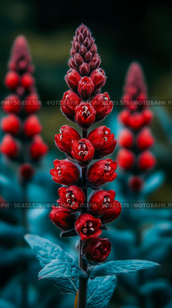 Crimson Bloom Spire: A trio of scarlet blossoms rises in a garden, their velvet petals unfurling against a serene teal canvas. Стоковое AI-изображение, AI-художник Данила Большаков / Фотобанк Лори