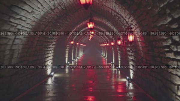 Crimson paper lanterns suspended from stone tunnel ceiling, glowing softly through misty night, creating atmospheric luminescence with traditional Asian ambiance. Стоковое AI-видео, аниматор Данил Руденко / Фотобанк Лори