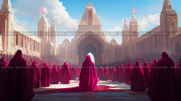 Crimson Procession: A throng of hooded figures advances toward the colossal temple, shrouded in mystery and awe. Стоковое AI-изображение, AI-художник Данила Большаков / Фотобанк Лори