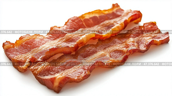 Crispy bacon strips cooked to perfection on a white surface. Хрустящие полоски бекона, приготовленные до совершенства на белой поверхности. Стоковое AI-изображение, AI-художник Katsiaryna Repich / Фотобанк Лори