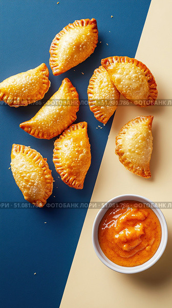 Crispy empanadas gracefully float against a bold split-color backdrop. Their golden crust contrasts with the deep navy and creamy off-white, creating a striking visual impact. Стоковое AI-изображение, AI-художник Nart / Фотобанк Лори