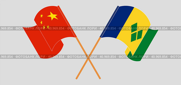 Crossed and waving flags of China and Saint Vincent and the Grenadines. Стоковая иллюстрация, иллюстратор Олег Безруков / Фотобанк Лори