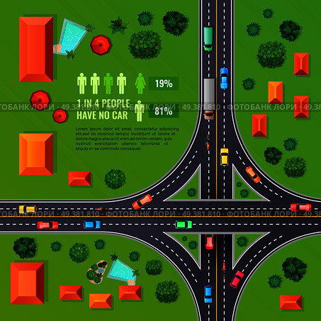 Crossroad with marking top view design with vehicles, buildings, trees, infographic elements on green background vector illustration. Crossroad Top View Illustration. Стоковая иллюстрация, агентство Ingram Publishing / Фотобанк Лори