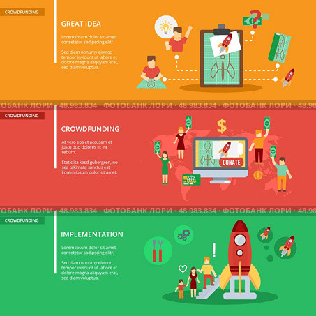 Crowdfunding horizontal banner set with great idea implementation elements isolated vector illustration. Стоковая иллюстрация, агентство Ingram Publishing / Фотобанк Лори