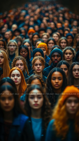 Crowd's Collective Reflection: A diverse gathering of faces, expressions, and personalities, presenting a communal experience and a spectrum of individuality. Стоковое AI-изображение, AI-художник Данила Большаков / Фотобанк Лори
