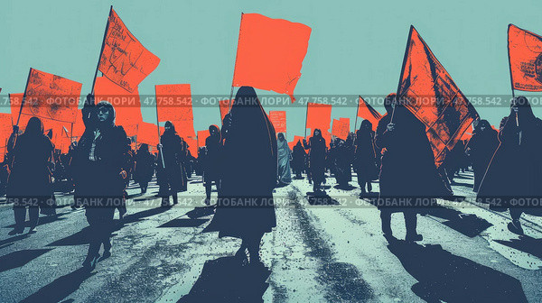 Crowds of demonstrators with red flags gather in unison, creating a striking visual display during a public rally on a sunny day. Стоковое AI-изображение, AI-художник Данила Большаков / Фотобанк Лори