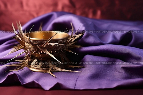 Crown of thorns embracing golden chalice on purple cloth, symbol of sacrifice and redemption. Стоковое AI-изображение, AI-художник Иван Рябоконь / Фотобанк Лори