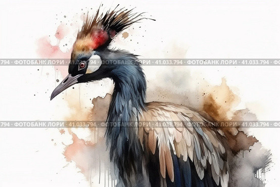 Crowned crane on a white background, watercolor style, Generative AI. Стоковое AI-изображение, AI-художник Анна Кривицкая / Фотобанк Лори