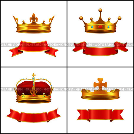 Crowns symbol of regal power and red banners set. Corona with diamonds and gemstones. Gold coronet diadem with golden cross on top isolated  vector. Crown Regal Power and Banner Vector Illustration. Стоковая иллюстрация, агентство Ingram Publishing / Фотобанк Лори