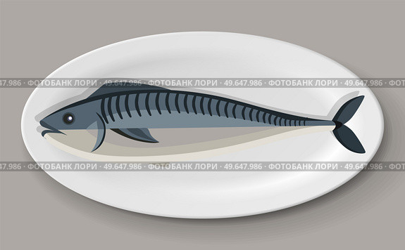 Crucian carp, mackerel, dish on plate. Cooking river fishes concept. Crucian carp, mackerel with fins, tail and scales. Preparing river fish products. Fish dish on plate isolated on white background. Baked mackerel dish on plate. Crucian carp for restaurant, dishware with food vector illustration. Стоковая иллюстрация, агентство Ingram Publishing / Фотобанк Лори