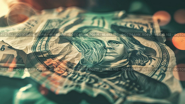 Crumbled one dollar bill lying on a textured surface under soft lighting. Стоковое AI-изображение, AI-художник Сергей Толмачёв / Фотобанк Лори
