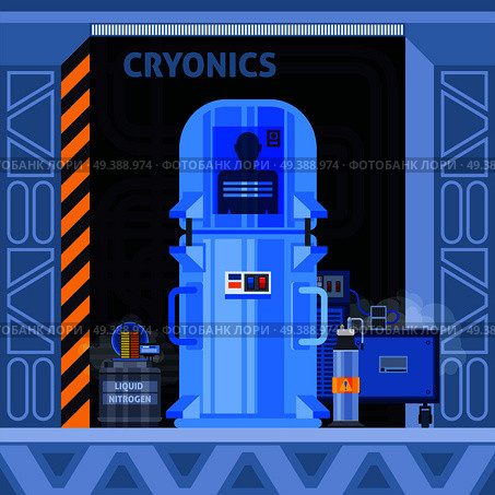 Cryogenic crionics transplantation flat composition with images of cryocamera with human identifier and additional electronic equipment vector illustration. Cryogenic Facilities Flat Background. Стоковая иллюстрация, агентство Ingram Publishing / Фотобанк Лори