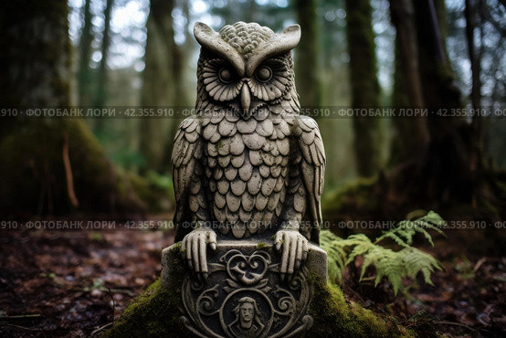Cryptic Owl on cemetery gravestone in darkness. Generate ai. Стоковое AI-изображение, AI-художник Иван Рябоконь / Фотобанк Лори