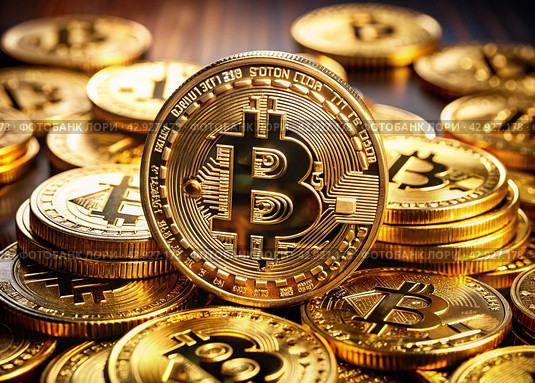 Cryptocurrency. Gold coins are bitcoins. An image created with the help of artificial intelligence. Стоковое AI-изображение, AI-художник Photojuli / Фотобанк Лори