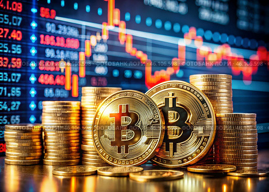Cryptocurrency. Gold coins are bitcoins with the exchange rate on the virtual screen. The fall of Bitcoin. The red arrow points down. An image created with the help of artificial intelligence. Стоковое AI-изображение, AI-художник Photojuli / Фотобанк Лори