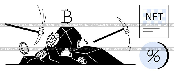 Cryptocurrency mining with pickaxes extracting Bitcoin from rocks, NFT certificate, and percentage symbol. Ideal for blockchain education, crypto transactions, digital assets, virtual economies. Cryptocurrency mining with pickaxes extracting Bitcoin from rocks. Стоковая иллюстрация, агентство Ingram Publishing / Фотобанк Лори