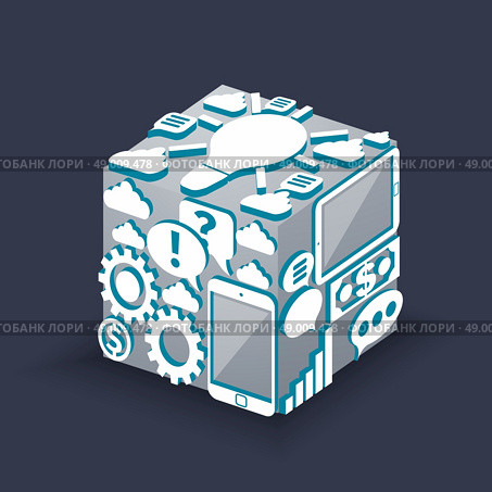 Cube of cloud computing schema concept with smartphone graph lightbulb bubble dollar cogwheel. Стоковая иллюстрация, агентство Ingram Publishing / Фотобанк Лори