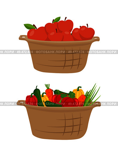 Cucumber and apples in basket, harvesting season. Fruits and vegetables harvested in pannier. Ripe tomatoes, carrot and peppers, homegrown meal vector. Cucumber and Apples in Basket Vector Illustration. Стоковая иллюстрация, агентство Ingram Publishing / Фотобанк Лори