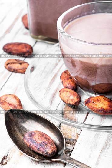 Cup of cappuccino coffee. Cup of cocoa drink and cocoa beans. Стоковое фото, агентство Ingram Publishing / Фотобанк Лори