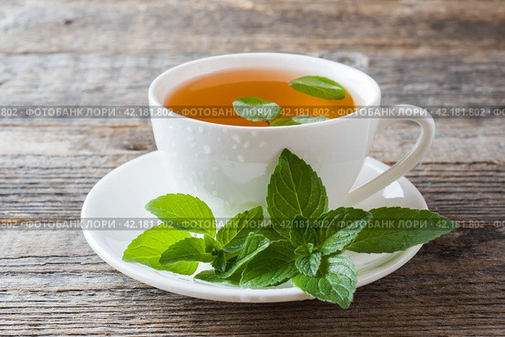 Cup of tea with fresh mint leaves on wooden background. Copy space. Стоковое фото, фотограф Глущенко Елена / Фотобанк Лори