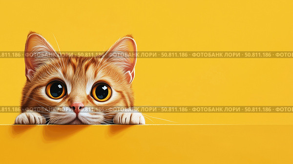 Curious orange cat peeking over a bright yellow surface. Стоковое AI-изображение, AI-художник Татьяна  Бральнина / Фотобанк Лори