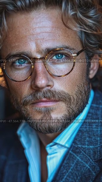 Curly-haired man with striking blue eyes and stylish glasses showcases a sophisticated look in an upscale setting illuminated by evening lights. Стоковое AI-видео, аниматор Данила Большаков / Фотобанк Лори