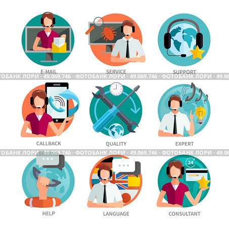 Customer Support Design Emblems Set. Customer support flat color emblems set with email support callback and consultant help icons isolated vector illustration. Стоковая иллюстрация, агентство Ingram Publishing / Фотобанк Лори