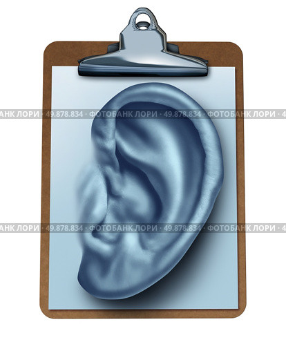 Customer Survey business concept as an office clipboard with a note paper in the shape of a human ear as a metaphor for listening to the clients opinion and satisfaction feedback found in reviews and service ratings isolated on white. Стоковое фото, агентство Ingram Publishing / Фотобанк Лори