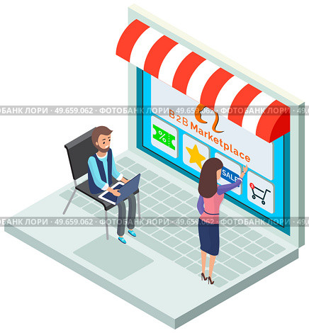 Customers choosing products at website. Coupon with discount, special price star, sale button, shopping cart. B2b marketplace, online shop via Internet. Man and woman spending money in e-store. Customers spending money in e-store. B2b marketplace, online store in Internet, shopping at website. Стоковая иллюстрация, агентство Ingram Publishing / Фотобанк Лори