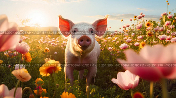 Cute, beautiful pig in a field with flowers in nature, in sunny pink rays. Стоковое AI-изображение, AI-художник ALLA YURTAYEVA / Фотобанк Лори