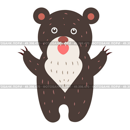 Cute brown bear cartoon sticker or icon. Funny gnarling bear standing on its hind legs isolated flat vector. Wild grizzly illustration outlined with dotted line for game counters, price tags. Cute Bear Cartoon Flat Vector Sticker or Icon. Стоковая иллюстрация, агентство Ingram Publishing / Фотобанк Лори