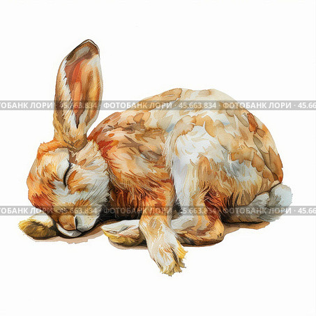Cute brown hare sleeping peacefully in watercolor painting. Стоковое AI-изображение, AI-художник Иван Рябоконь / Фотобанк Лори