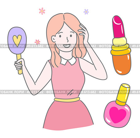 Cute cartoon character girl. Isolated at white portrait of smiling young girl. Cute pretty girl wearing dress holding mirror or hairbrush. Simple avatar of young female. Pink lipstick and nail varnish. Cute young smiling girl with cosmetic products, lipstick and nail varnish icons, holding brush. Стоковая иллюстрация, агентство Ingram Publishing / Фотобанк Лори