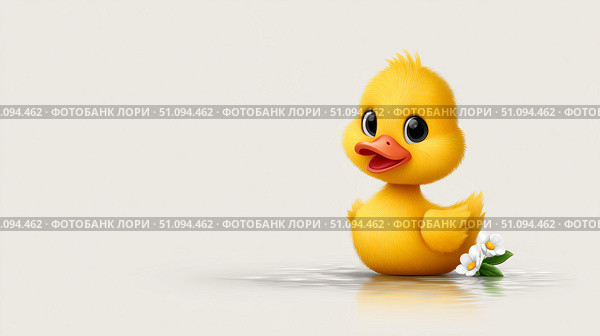Cute cartoon yellow duckling with big eyes standing on a light background. Стоковое AI-изображение, AI-художник Katsiaryna Repich / Фотобанк Лори