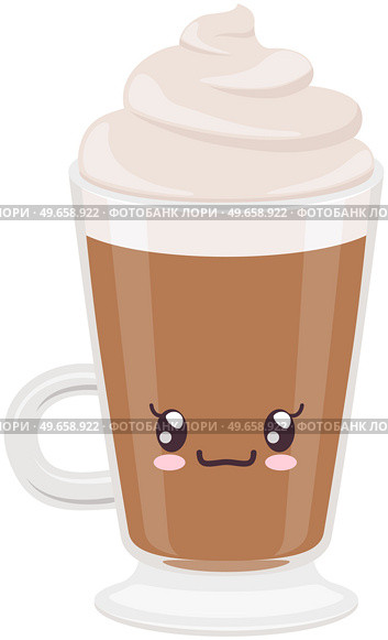 Cute coffee latte with froth and syrup sticker kawaii icon vector design. Adorable hot drink in glass with positive emotion, japanese, oriental culture symbol anime, innocence and childishness. Cute coffee latte with froth and syrup sticker kawaii. Hot drink in glass with positive emotion. Стоковая иллюстрация, агентство Ingram Publishing / Фотобанк Лори