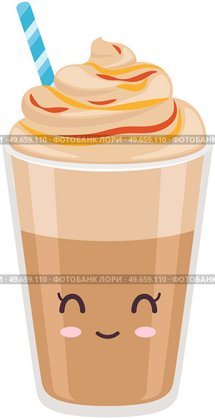 Cute coffee latte with froth and syrup sticker kawaii icon vector design. Adorable hot drink in glass with positive emotion, japanese, oriental culture symbol anime, innocence and childishness. Cute coffee latte with froth and syrup sticker kawaii. Hot drink in glass with positive emotion. Стоковая иллюстрация, агентство Ingram Publishing / Фотобанк Лори