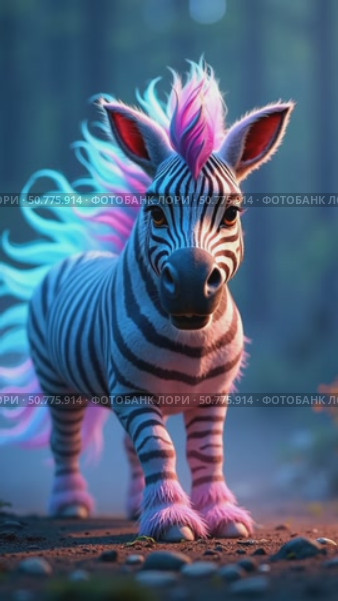Cute colorful zebra with pink and blue mane. Fantasy animal standing in a magical forest. Mythical creature. Animation. vertical video. Стоковое AI-видео, аниматор Анжелика Самсонова / Фотобанк Лори
