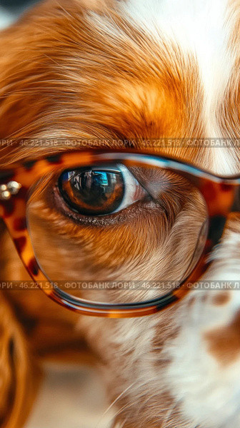 Cute dog wearing stylish eyeglasses, cavalier king charles spaniel with spectacles. Стоковое AI-изображение, AI-художник Юрий Поздников / Фотобанк Лори